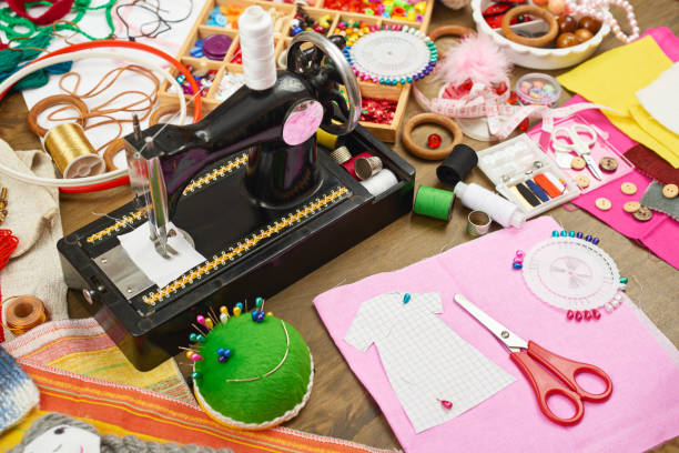 istock sewing accessories top view, seamstress workplace, many object for needlework, embroidery, handmade and handicraft 657401288