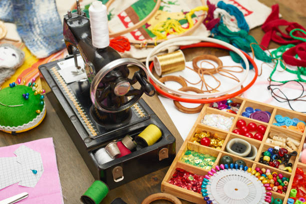 istock sewing accessories top view, seamstress workplace, many object for needlework, embroidery, handmade and handicraft 657401464
