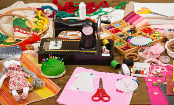 istock sewing accessories top view, seamstress workplace, many object for needlework, embroidery, handmade and handicraft 657404286