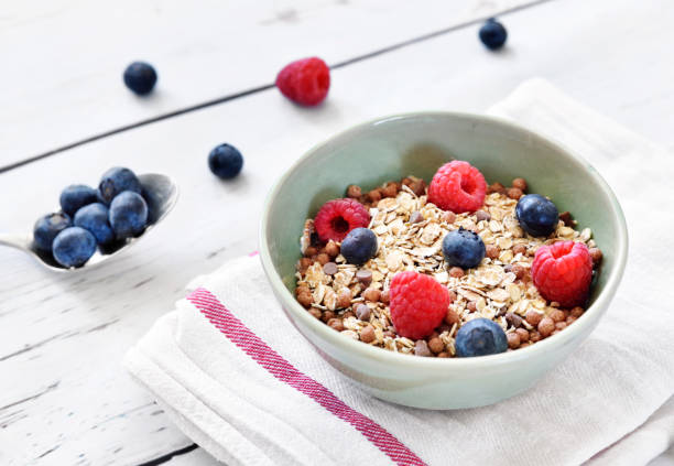 istock Delicious cereal breakfast with bowl and fresh fruits 657404478