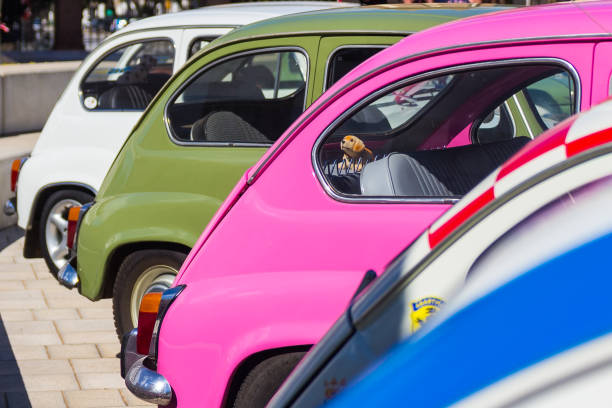 MALAGA, SPAIN - FEBRUARY 28, 2017: Retro Málaga IV. A Seat 600 row car in the International outdoor exhibition of classic vintage cars.
