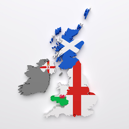 3d rendering of all the United Kingdom countries maps and flags
