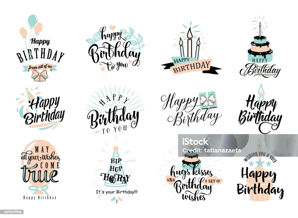 Vector illustration of Happy Birthday badge set Vector illustration of Happy Birthday badge set. Design element for greeting cards, banner, print with lettering typography text sign, quote, cake, candle, gift, balloon isolated on white background Birthday stock vector