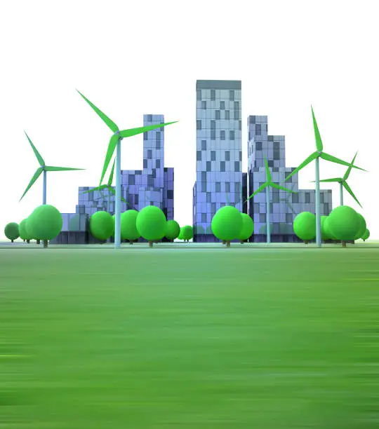 cityscape with office buildings and wind turbines illustration