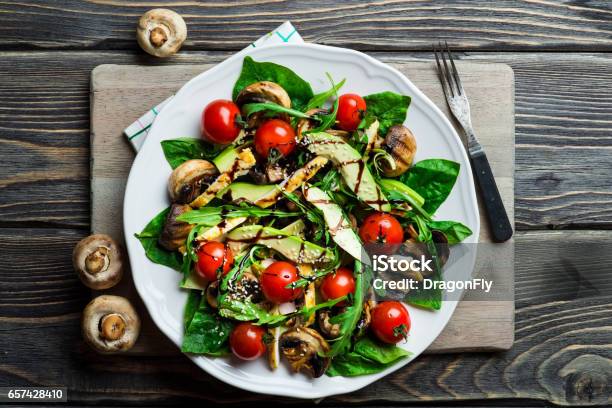Chicken Salad With Avocado And Spinach Stock Photo - Download Image Now - Arugula, Avocado, Backgrounds
