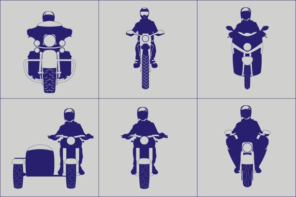 Different kind motorcycle with riders front view icon set Different kind motorcycle with riders front view vector illustration simplifying icon set sidecar stock illustrations