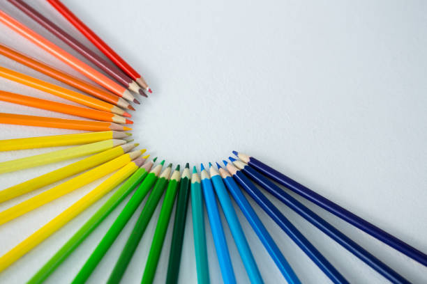 istock Colored pencils arranged in semi circle on white background 657432442