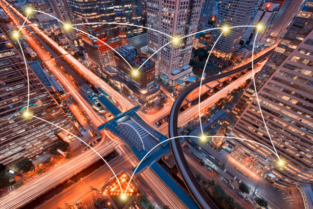 istock Network and Connection Technology Concept of Sathorn Intersection, BTS Chong nonsi, Downtown Bangkok, Thailand 657432486