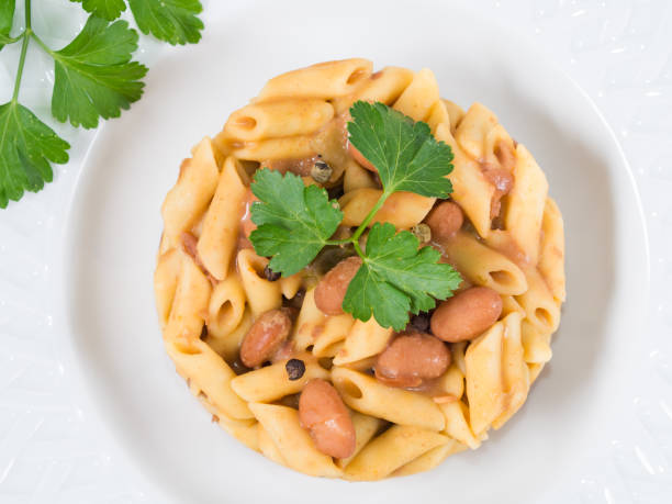 Served Italian penne pasta with kidney beans