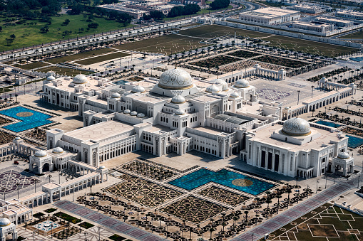 Aerial view of Presidential Palace in Abu Dhabi, UAE.