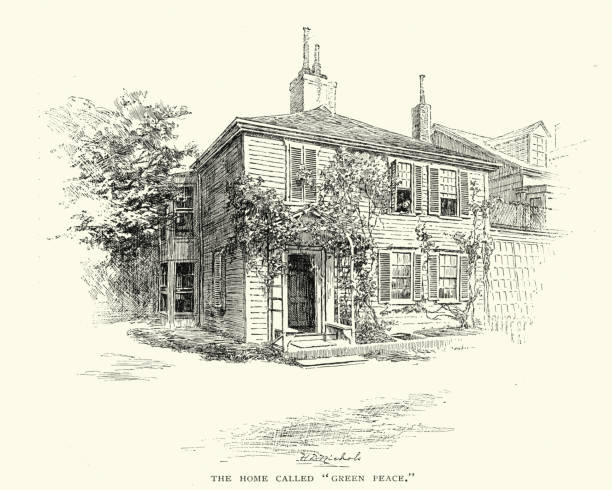 Victorian wood clad house Vintage engraving of a Victorian wood clad house victorian house stock illustrations