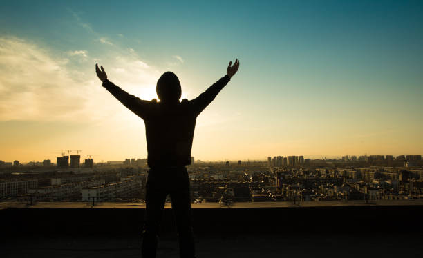 istock Young man standing on roof with arm raising 657449572