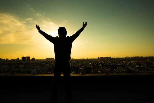 istock Young man standing on roof with arm raising 657449578