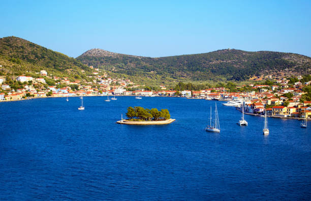 landscape of Vathy Ithaca Greece landscape of Vathy in Ithaca Ionian islands Greece ithaca stock pictures, royalty-free photos & images