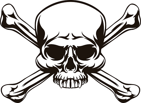A skull and cross bones drawing like a pirates jolly roger or danger sign