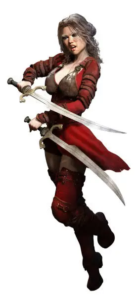 Fantasy warrior with swords 3D illustration