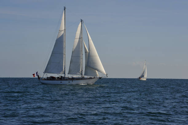 istock Two white yachts on a blue sea against a blue sky. 657468108