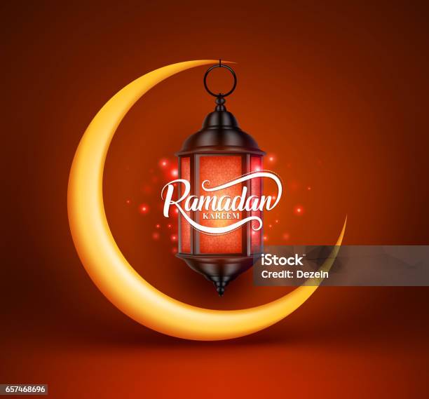 Ramadan Kareem Vector Greetings Design With Lantern Or Fanoos Hanging Stock Illustration - Download Image Now