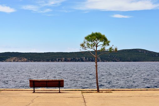 View on Navarino bay from Pylos, bench and tree on seafront. Greece