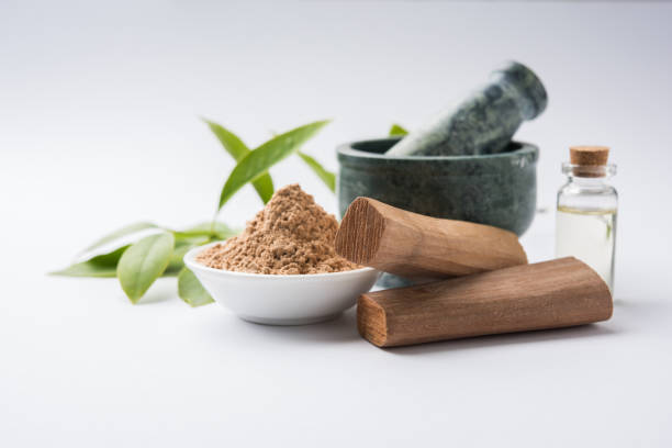 chandan or sandalwood powder with traditional mortar, sandalwood sticks, perfume or oil and green leaves. selective focus - ayurveda imagens e fotografias de stock