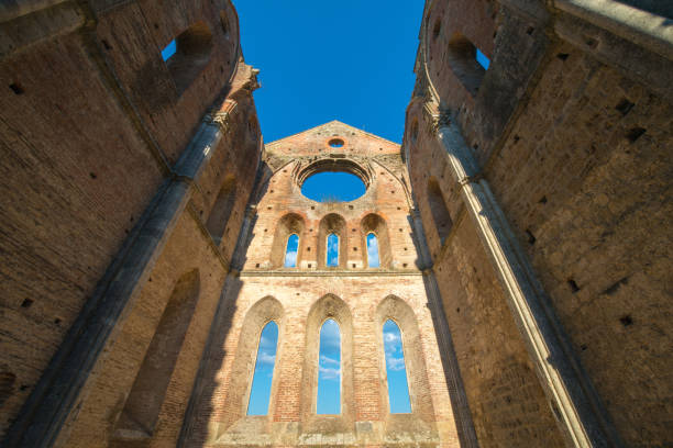 internal view of the ruins of medieval san galgano abbey near siena, italy - italy old ruin abbey basilica imagens e fotografias de stock