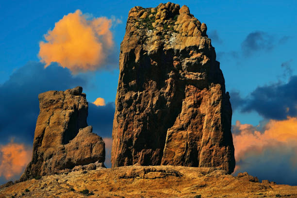 View at sunset on symbol of the island Gran Canaria Roque Nublo (rock in clouds) is an ancient and sacred place of worship and main tourist attraction