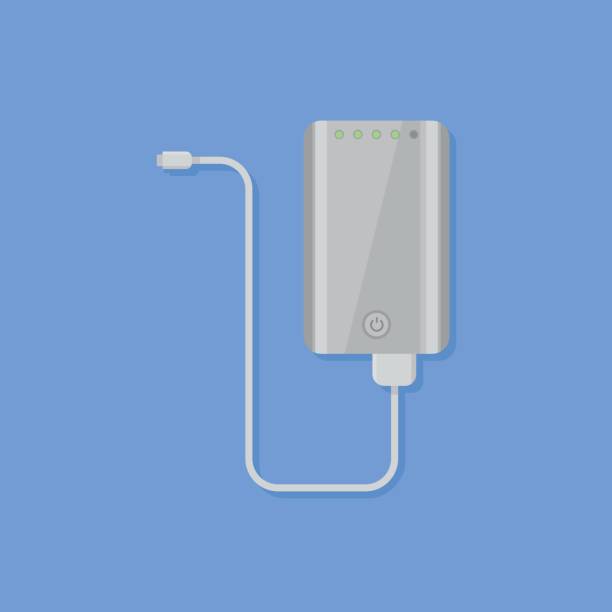 Portable power bank flat style icon. Vector illustration. Portable power bank with cable isolated on blue background. Flat style icon. Vector illustration. phone charger cable stock illustrations