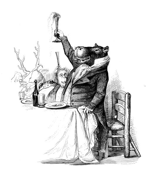 Humanized animals illustrations: Hippo toasting