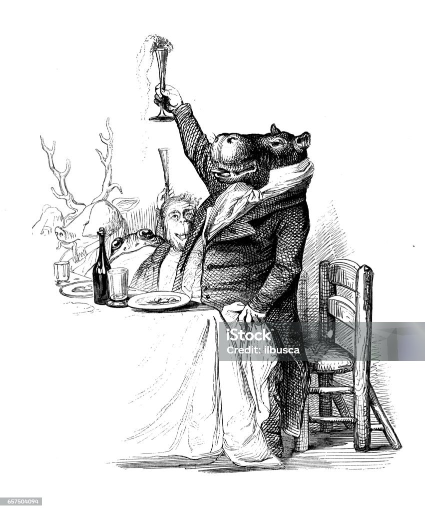 Humanized animals illustrations: Hippo toasting Engraved Image stock illustration