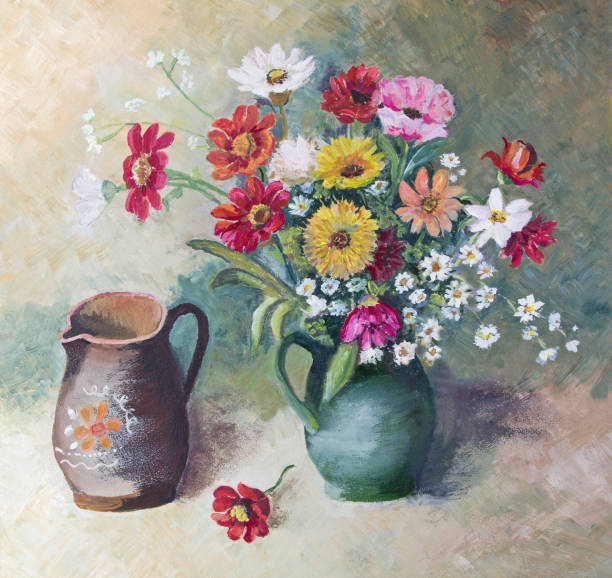 istock Oil painted flower arrangement still life with two vases 657510702
