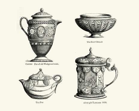 Vintage engraving of Antique crockery Coffee pot, Teapot, Salt cellar, Tankard