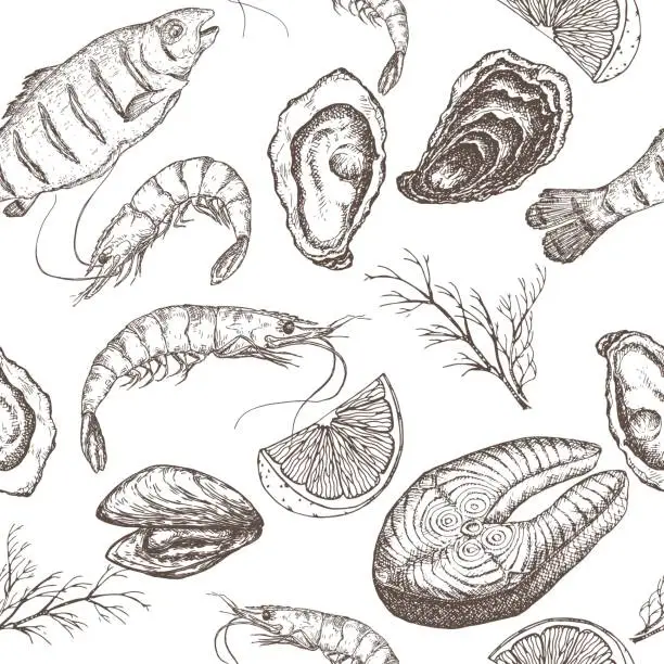 Vector illustration of Hand drawn seafood vector seamless pattern
