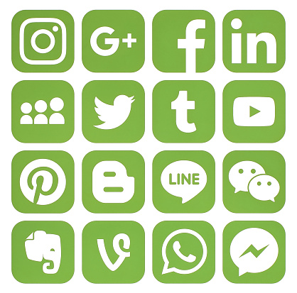 Kiev: Collection of popular greenery social media icons printed on paper: Facebook, Twitter, Google Plus, Instagram, Pinterest, LinkedIn, Blogger, Tumblr and others