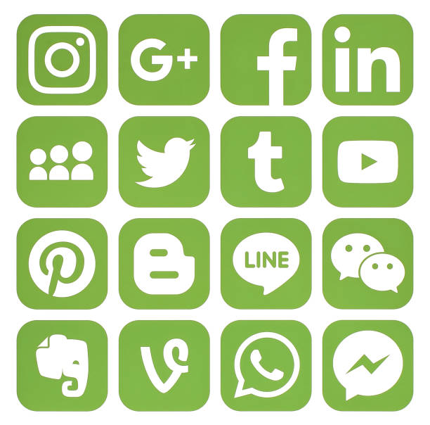 Collection of popular greenery social media icons Kiev: Collection of popular greenery social media icons printed on paper: Facebook, Twitter, Google Plus, Instagram, Pinterest, LinkedIn, Blogger, Tumblr and others brand name online messaging platform stock pictures, royalty-free photos & images