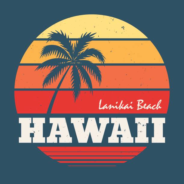 hawaii lanikai beach t-shirt druck mit palme. - brandung stock-grafiken, -clipart, -cartoons und -symbole