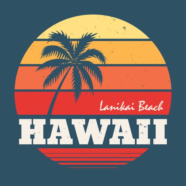 Hawaii Lanikai beach tee print with palm tree. Hawaii Lanikai beach tee print with palm tree. T-shirt design graphics stamp label typography.Vector illustration. hawaii islands illustrations stock illustrations