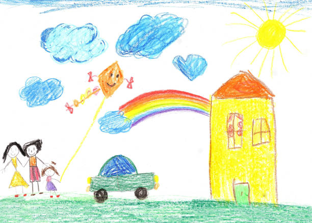 istock Child's drawing happy family, house, car 657541990