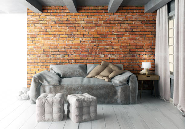 istock Mock up wall in interior with  sofa. living room hipster style. 3d illustration 657547316