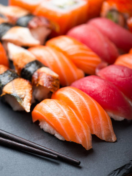 istock Sushi set sashimi and sushi rolls 657548298