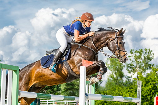 Close-up of horse with a female rider jumping over a double hurdle. The photo shows the moment when the horse passes over the hurdle. The female rider is raised in the saddle and leaning forward while the horse prances. The rider and the horse seem coordinated and synchronized. In the background is the cloudy sky and treetops.