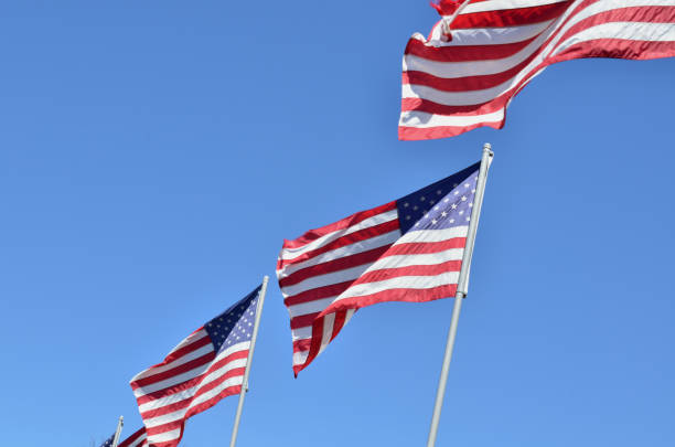 istock American flags in wind rippling on flag poles 657557478