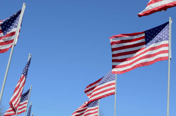 istock American flags in wind rippling on flag poles 657557670