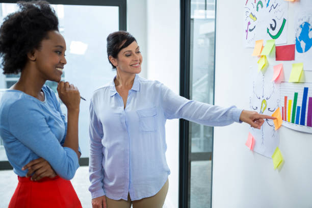 istock Female graphic designer pointing to the sticky notes on white board 657563044