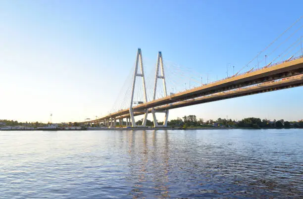 Photo of Cable stayed bridge and Neva river.