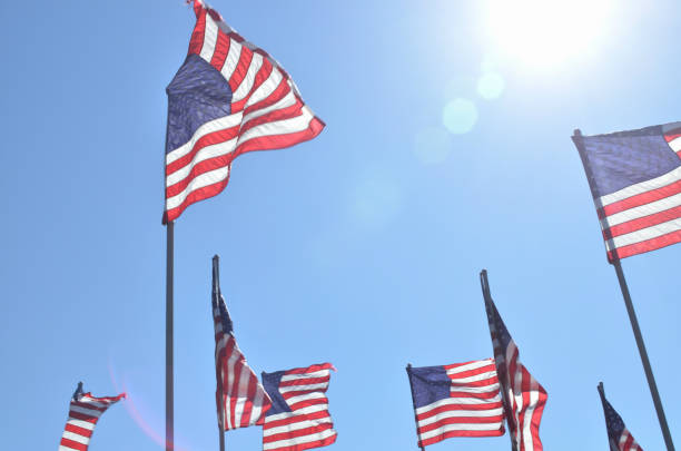 istock American flags in wind rippling on flag poles 657564750