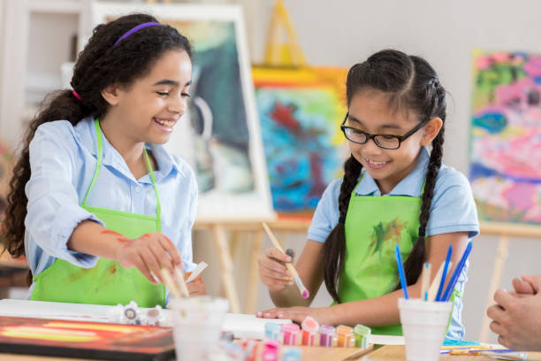istock Young girls have fun together in art class 657565318