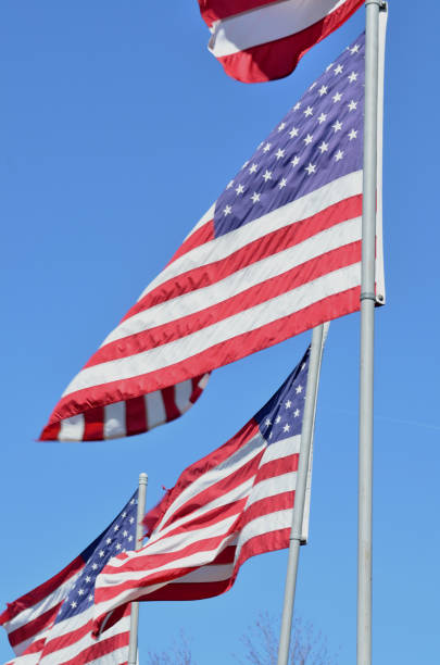 istock American flags in wind rippling on flag poles 657565374