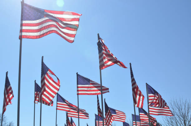 istock American flags in wind rippling on flag poles 657565638