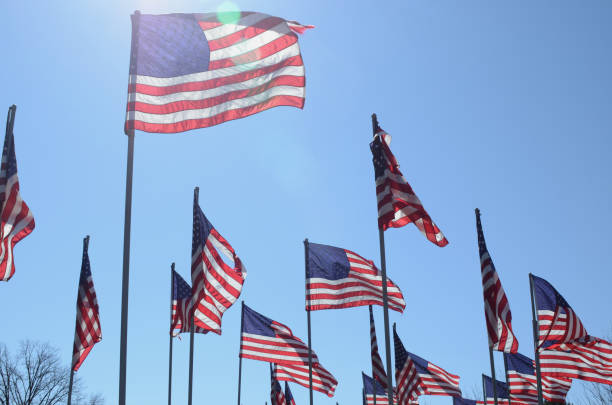 American flags in wind rippling on flag poles