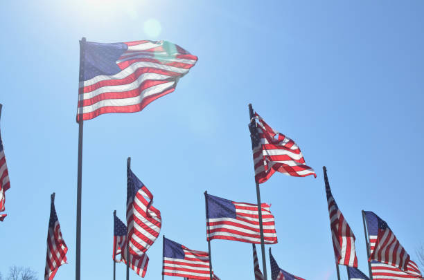 istock American flags in wind rippling on flag poles 657566962